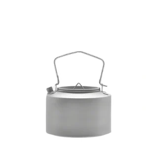 1L pure titanium kettle with lid, side spout, and top handle on a light background.
