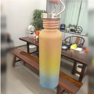 750 ml single-wall titanium water bottle with a rainbow gradient finish and metal carry loop cap held in the air.
