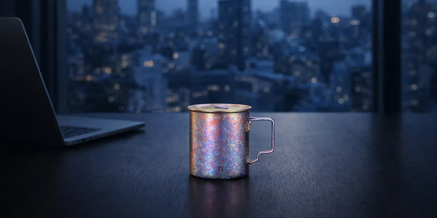 Crystallized titanium mug with colorful anodized texture on a modern office desk, featuring a city skyline night view in the background.