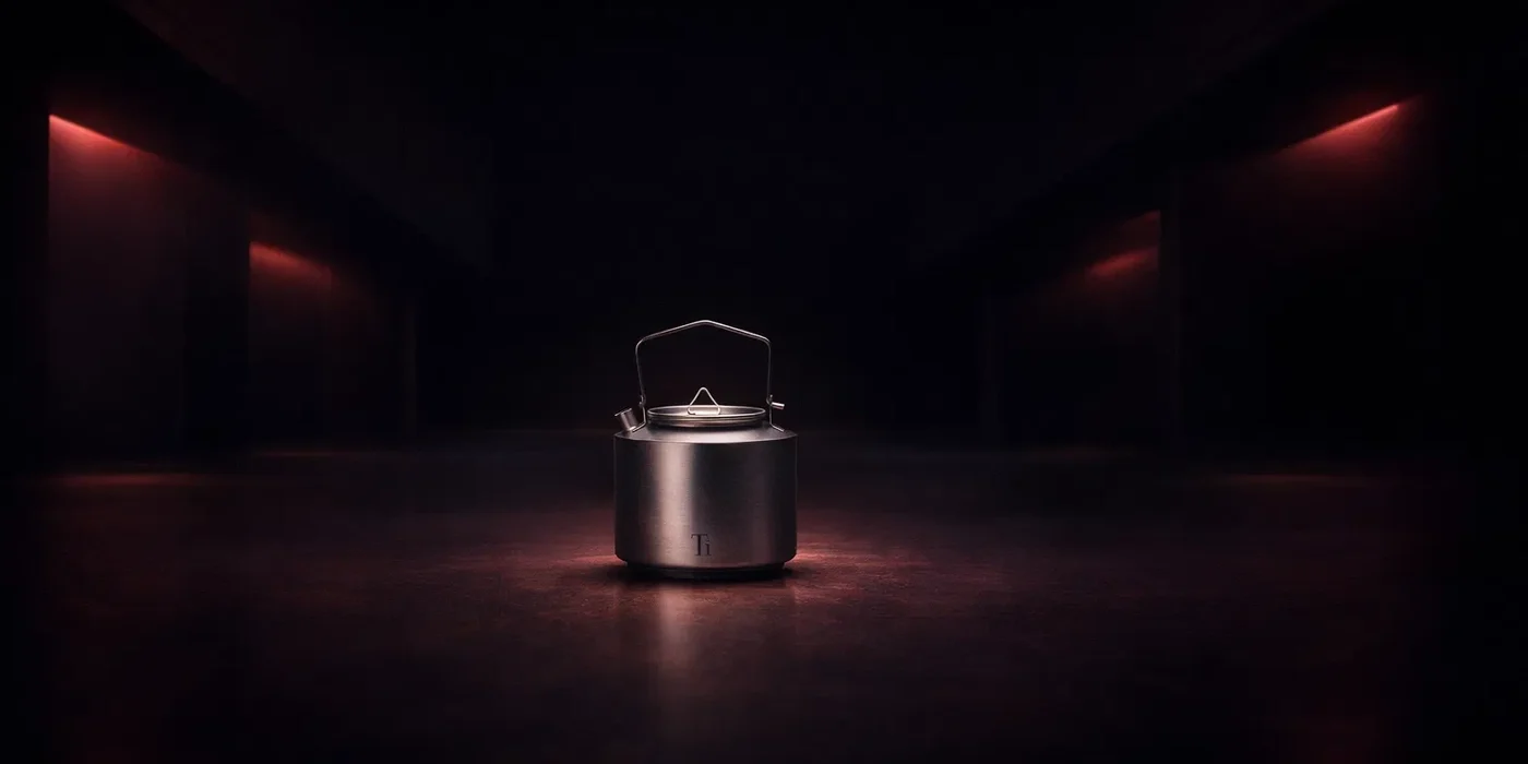 Minimalist titanium kettle in a dark industrial laboratory setting with red neon accents, highlighting material purity.