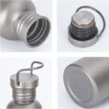 Detail collage showing the mouth opening, cap underside, carry loop cap, and bottle base of a single-wall titanium water bottle.