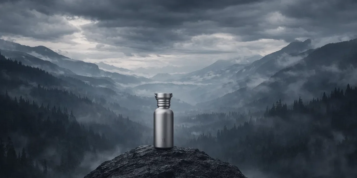 A grade 1 titanium water bottle standing on a rugged mountain peak overlooking a foggy pine forest, representing outdoor durability