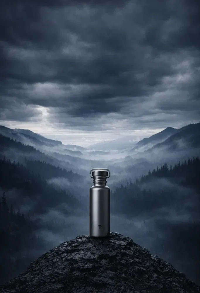 A TiRoam titanium water bottle with crystallized texture standing on rugged rock in a moody, wilderness mountain environment.