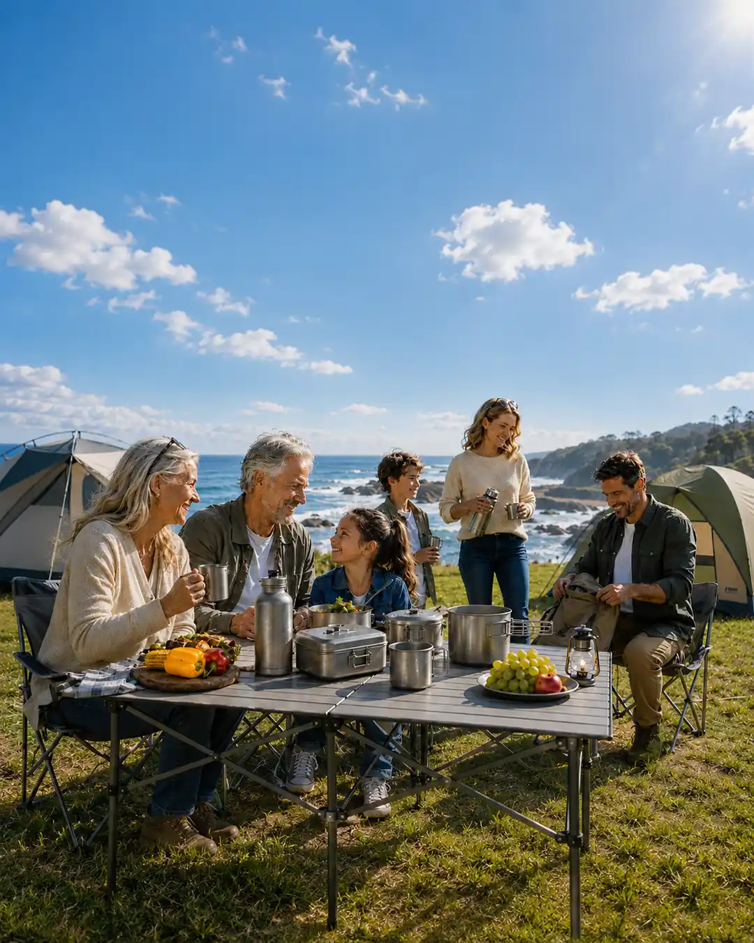 Family enjoying a sunny coastal camping day with pure titanium outdoor gear on a folding camp table.