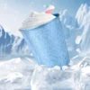 Blue TiRoam titanium cup with iced dessert in a frozen scene, durable titanium cup for cold drinks