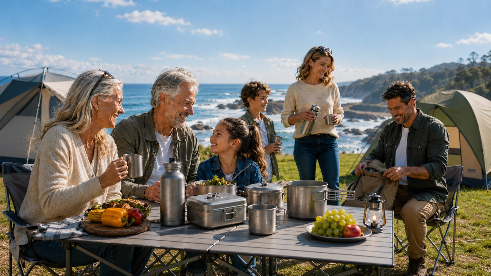 Family enjoying a sunny coastal camping day with pure titanium water bottle, cup, pot, and outdoor gear on a folding camp table.