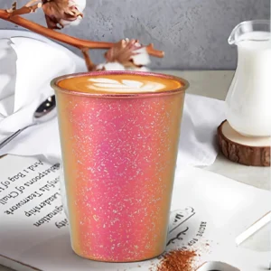 Gradient TiRoam titanium cup filled with latte coffee, colorful pure titanium drinkware for daily use