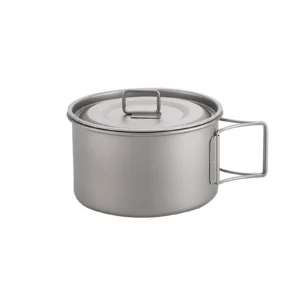 TiRoam pure titanium camping pot with lid and folding handle on a clean white background, lightweight cookware for camping, backpacking, and outdoor cooking.
