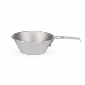 TiRoam pure titanium folding bowl with long foldable handle on a clean white background, lightweight camping bowl for backpacking, outdoor cooking, and trail meals.