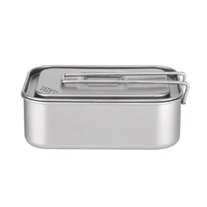 TiRoam pure titanium lunch box with lid and folding handle on a white background, lightweight rectangular titanium container for camping, backpacking, and outdoor meals.
