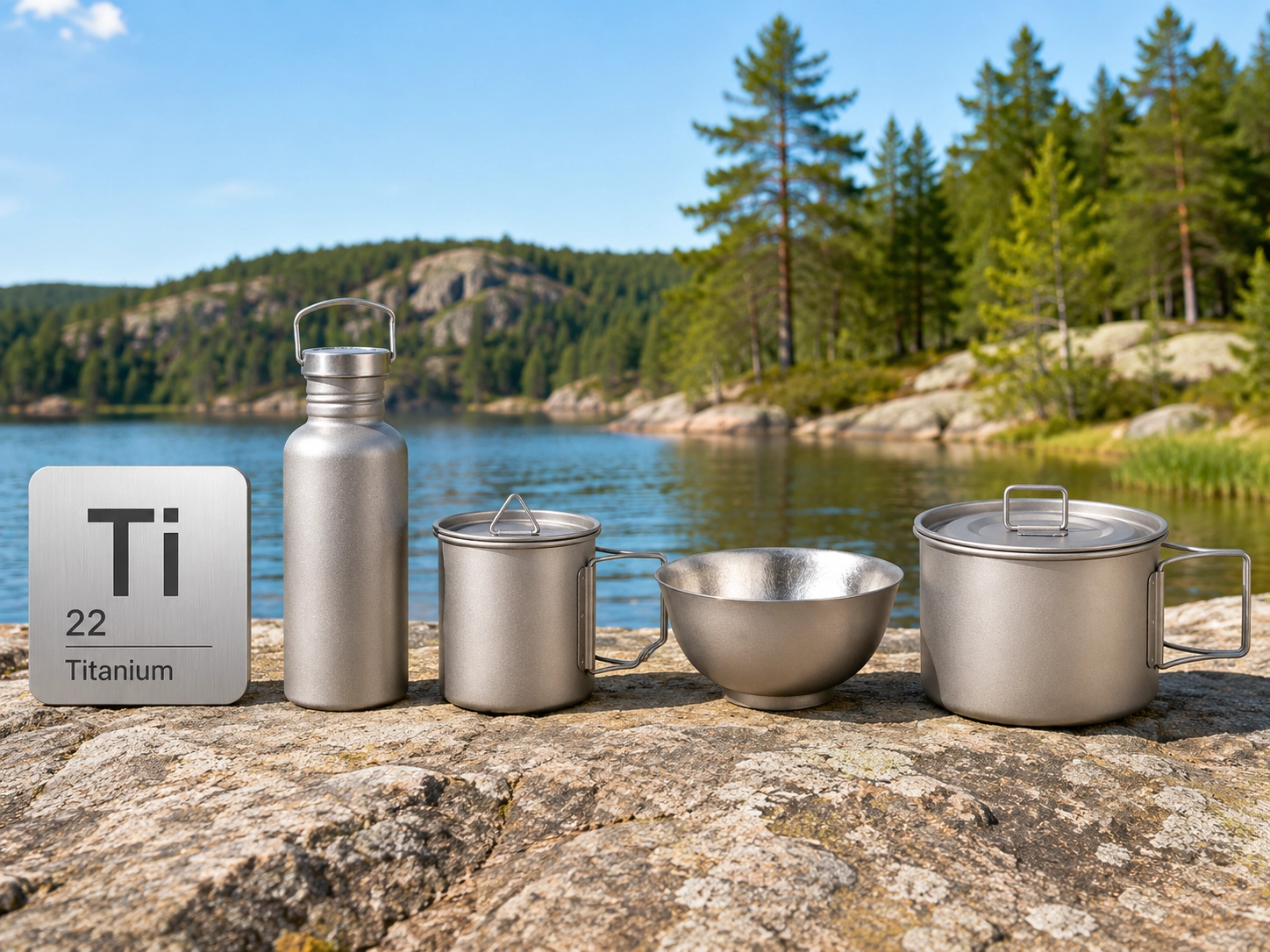Pure titanium outdoor gear with Ti element 22 card by a sunny lakeside.