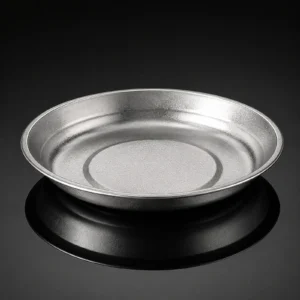TiRoam pure titanium plate on a dark reflective background, lightweight metal dinner plate for camping, backpacking, outdoor dining, and everyday meals.