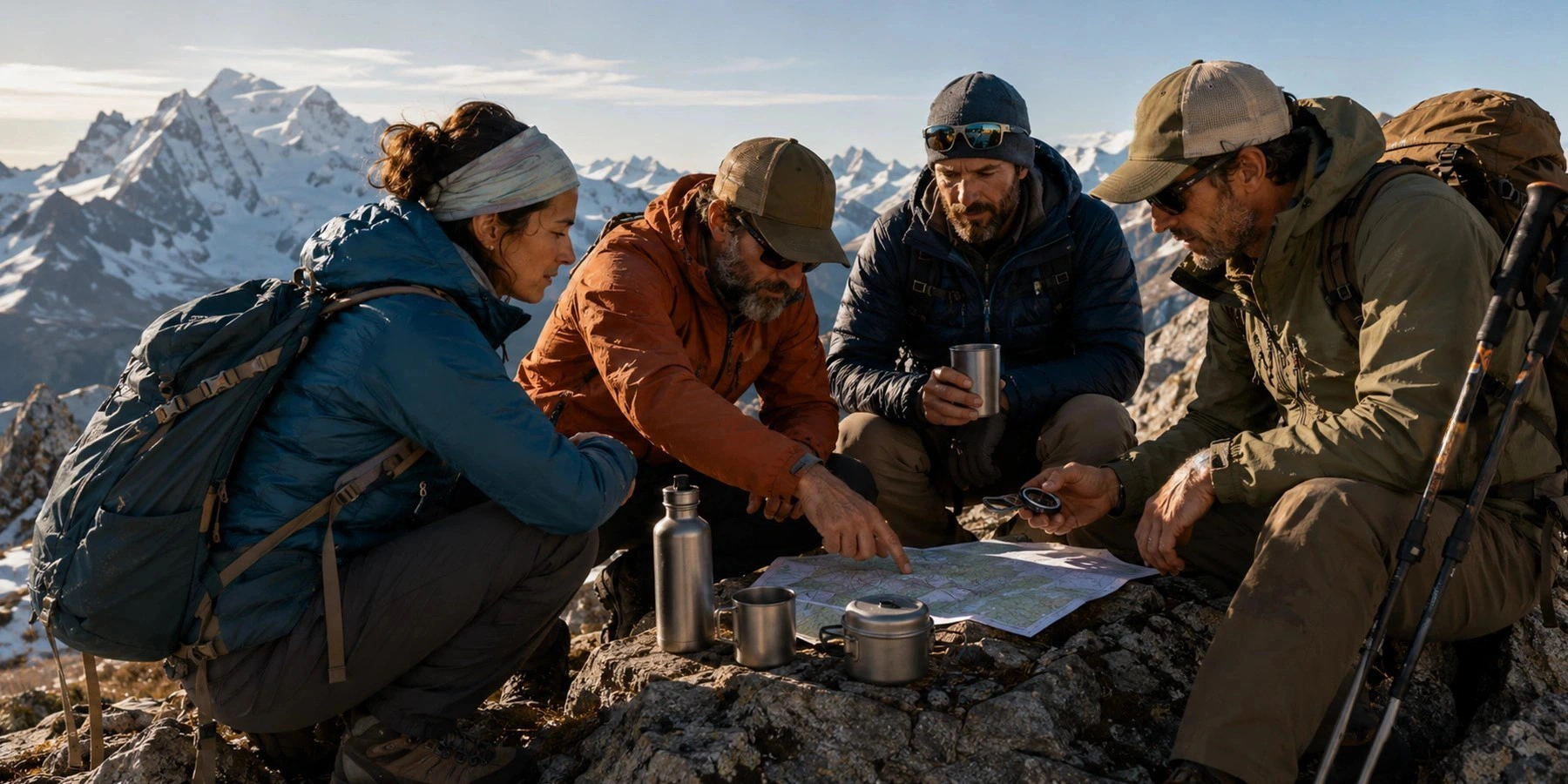 Experienced hikers planning an alpine route with TiRoam titanium bottle, cup, cookware, map, compass, and trekking poles