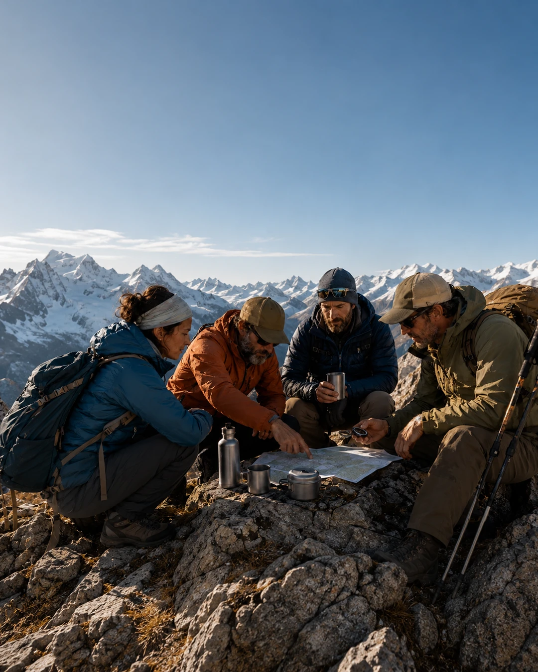 Experienced hikers planning an alpine route with TiRoam titanium bottle, cup, cookware, map, compass, and trekking poles