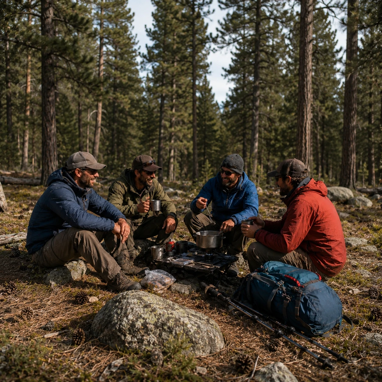 Four experienced outdoor campers using titanium cookware, cups, and camp gear during a forest camp break