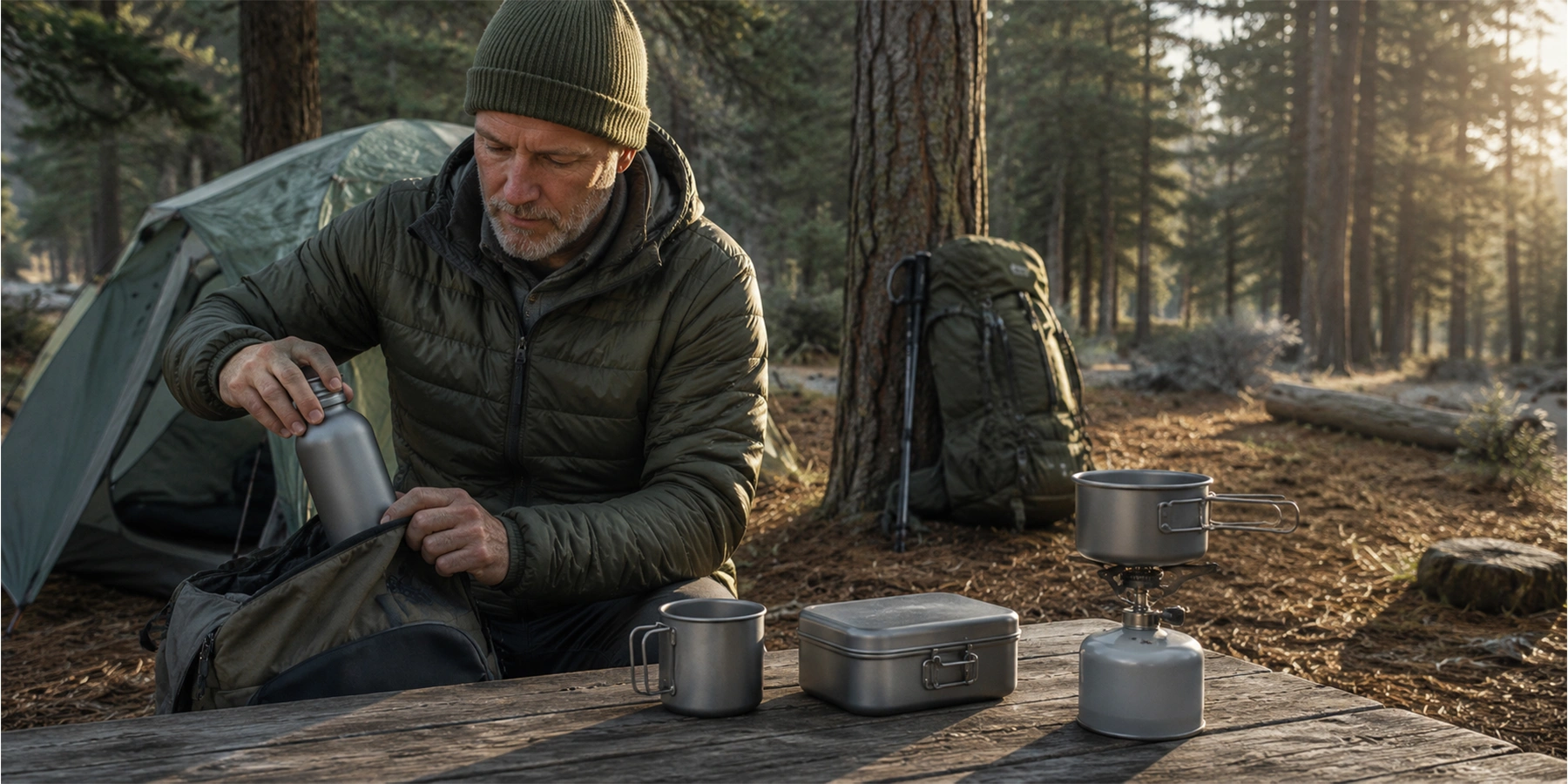 Experienced outdoor camper packing TiRoam titanium bottle, cup, lunch box, and cookware at a forest campsite