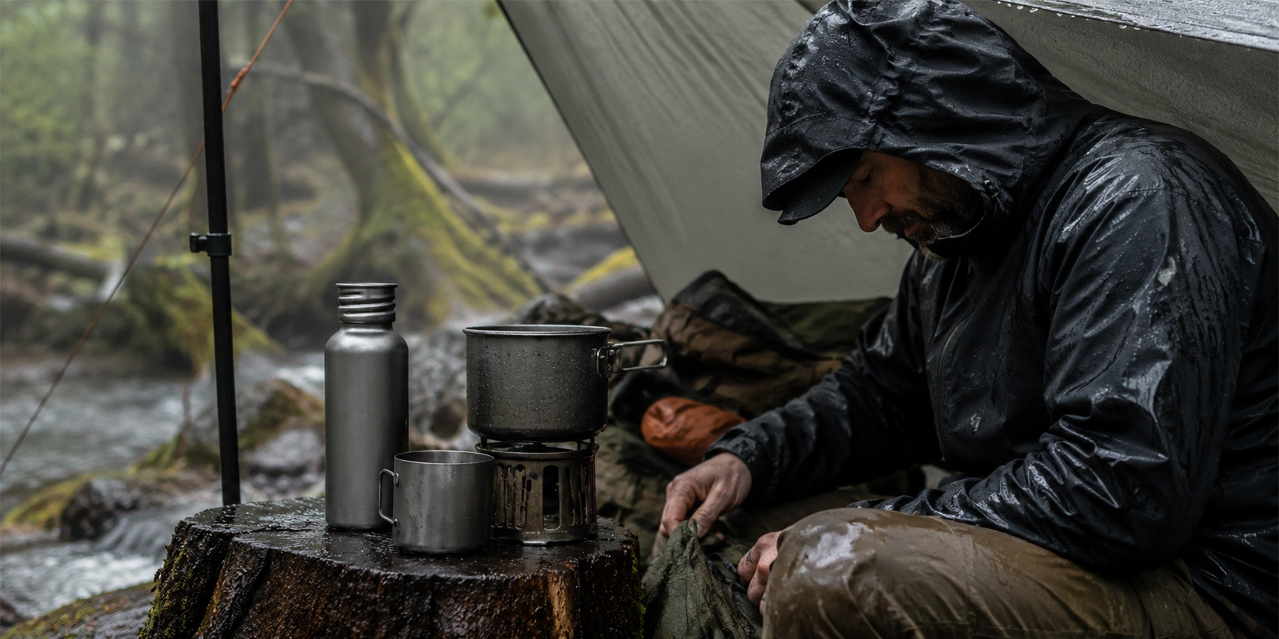 Experienced camper using TiRoam titanium bottle, cup, and cookware under a tarp beside a rainy forest creek