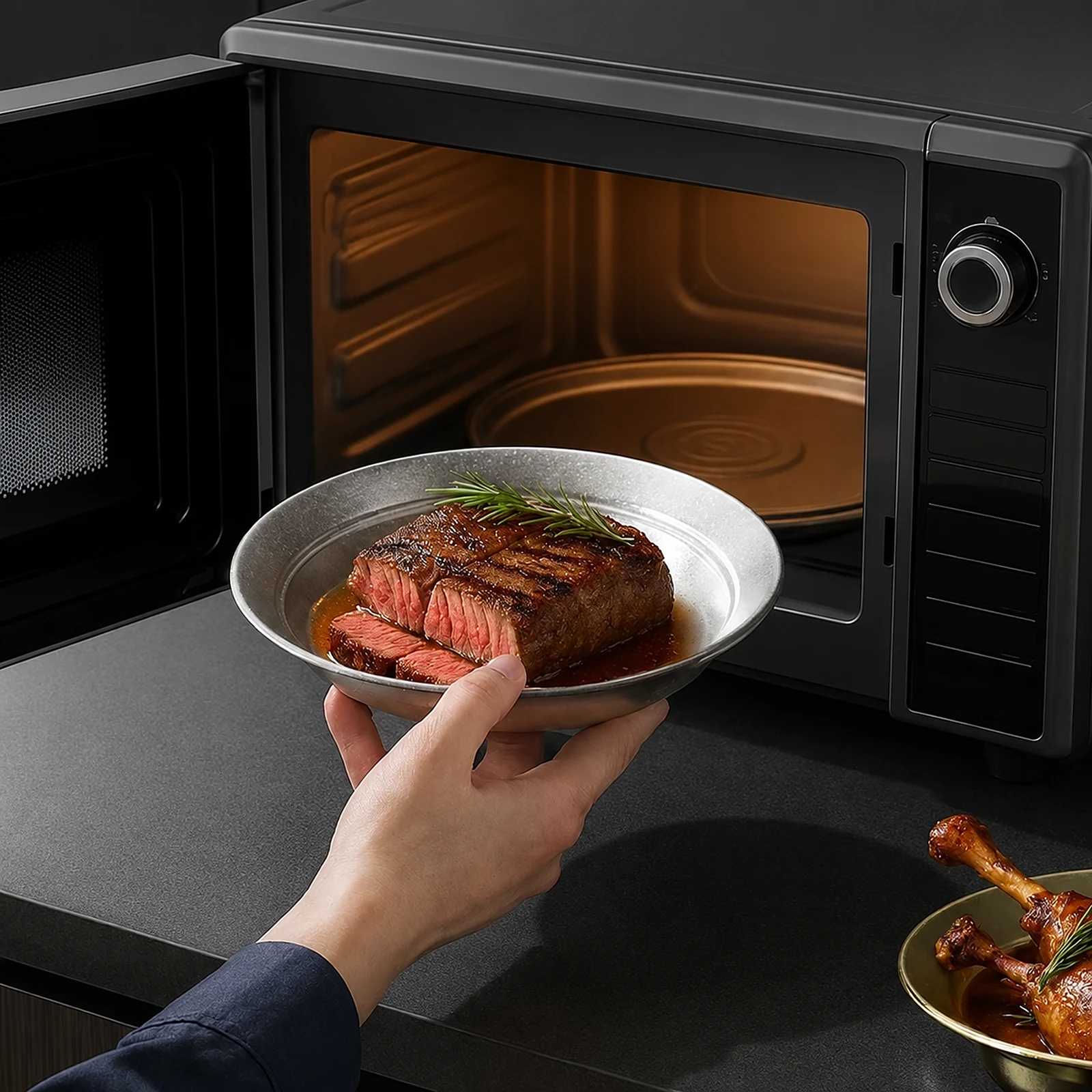 TiRoam pure titanium plate serving sliced steak near a countertop oven, lightweight metal dinner plate for kitchen meals, camping, and outdoor cooking.
