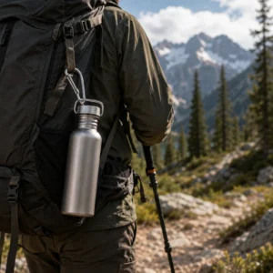 TiRoam pure titanium water bottle clipped to a hiking backpack on a mountain trail