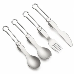 Pure titanium foldable camping cutlery set with spoon, spork, fork, and knife