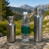 Size comparison of TiRoam single-wall pure titanium water bottles in 500ml and 750ml beside a standard 555ml plastic water bottle outdoors.