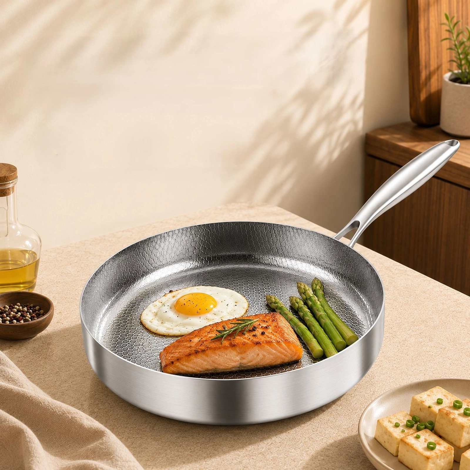 Titanium frying pan with salmon, fried egg, and asparagus