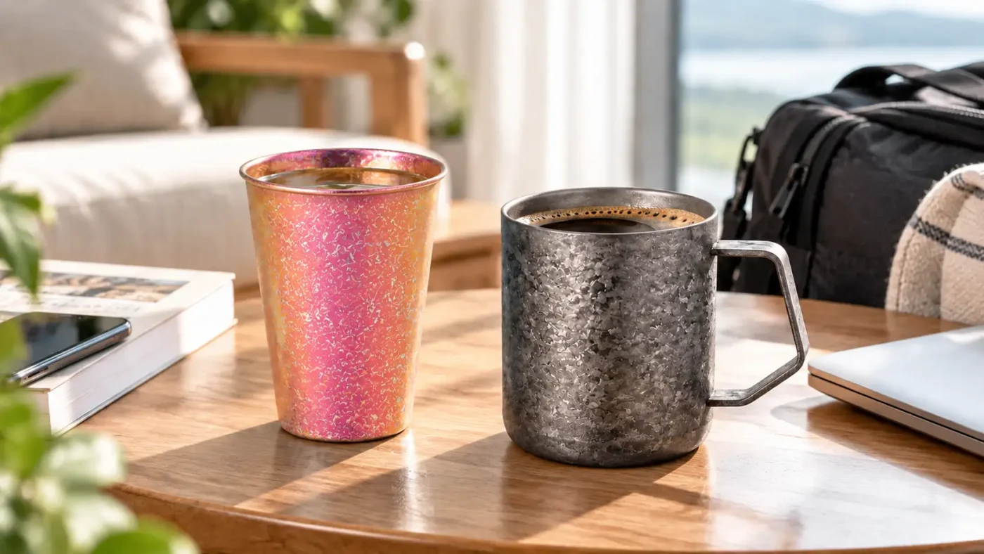 Single-wall and double-wall titanium mugs for everyday home work and travel use