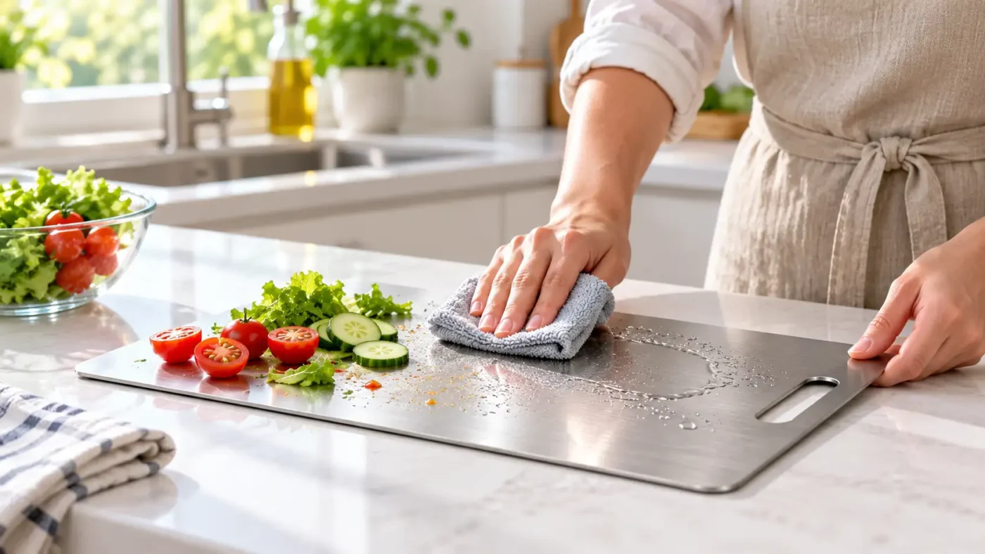 Cleaning a thin pure titanium cutting board after food preparation