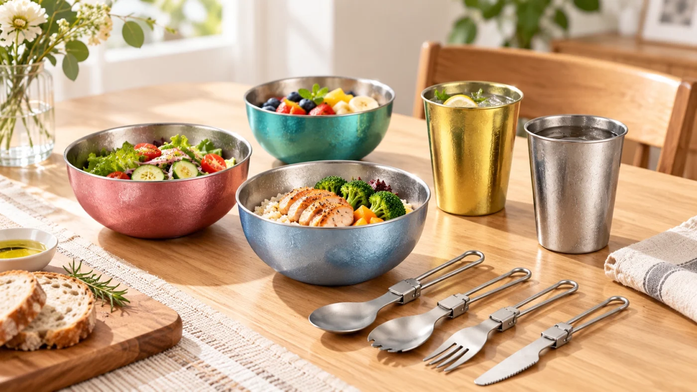 Colorful titanium bowls, cups, and folding utensils on an everyday dining table