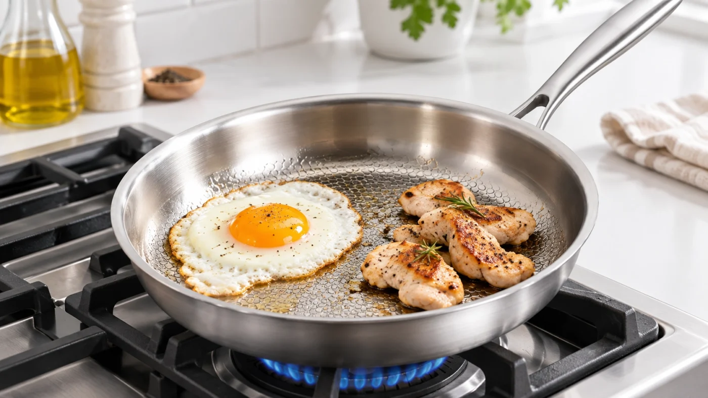 Egg cooking in a titanium frying pan on a home kitchen stove