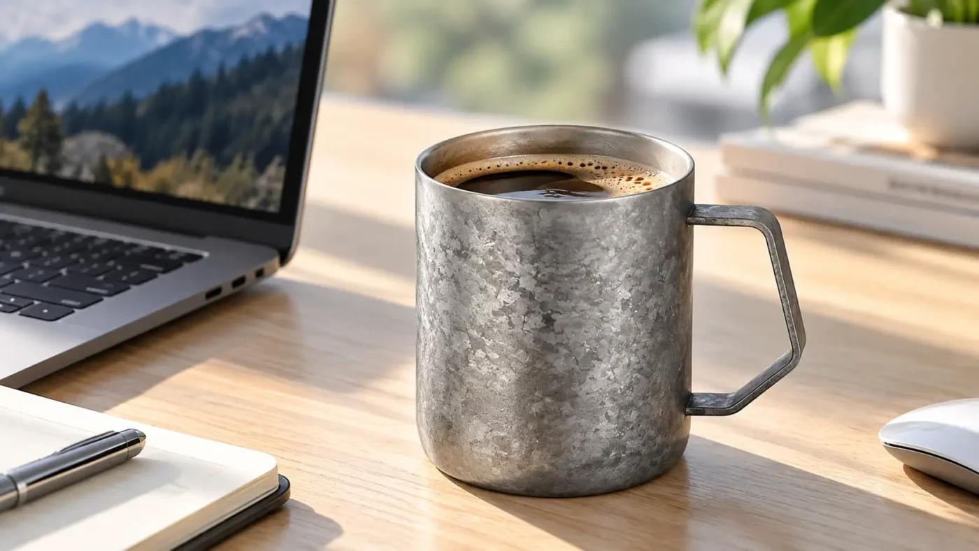 Double-wall titanium coffee mug on a bright office desk