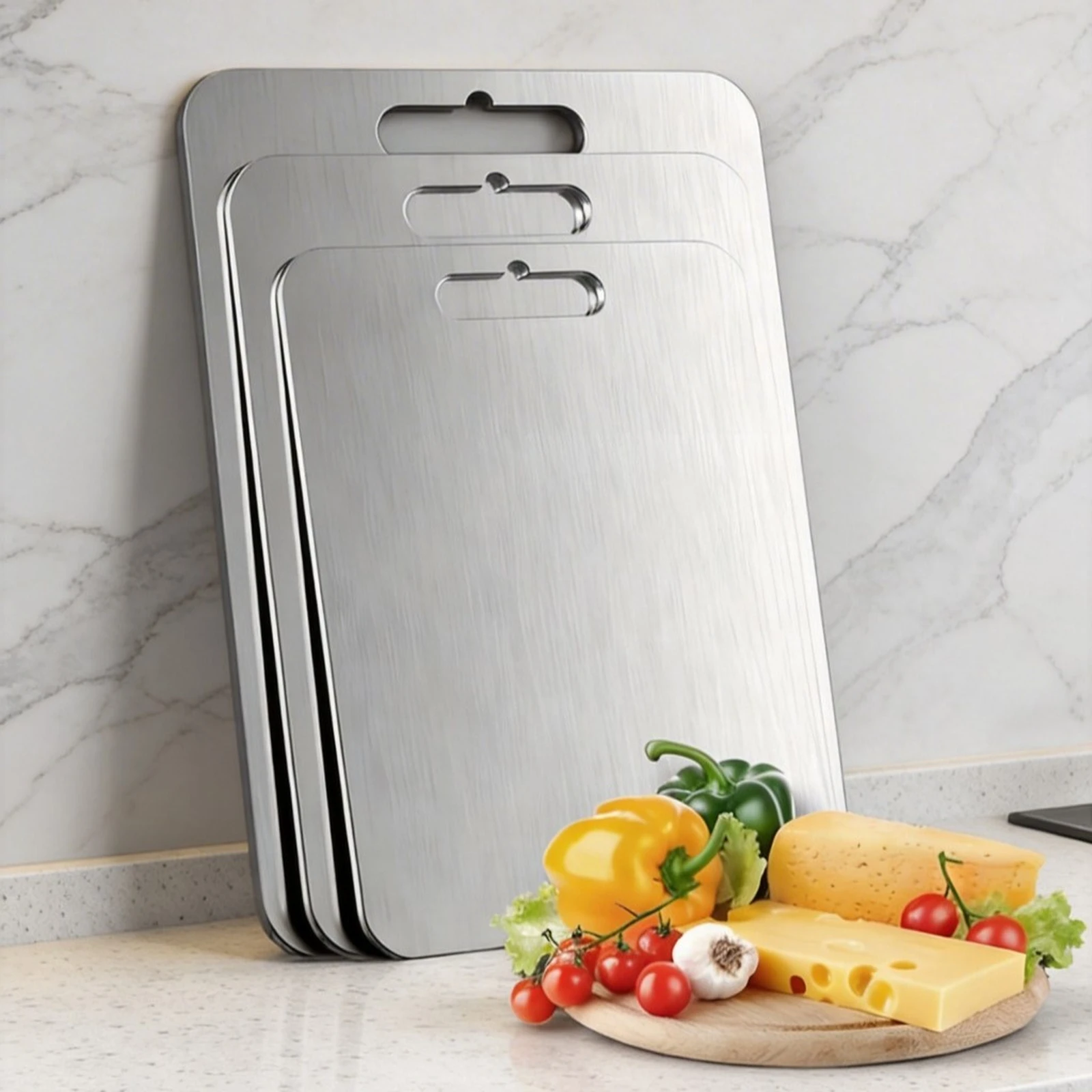 Three-piece flat pure titanium cutting board set displayed with vegetables and cheese in a kitchen.