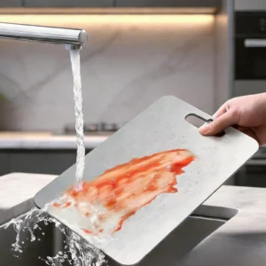 Flat pure titanium cutting board being rinsed clean under running water in a kitchen sink.