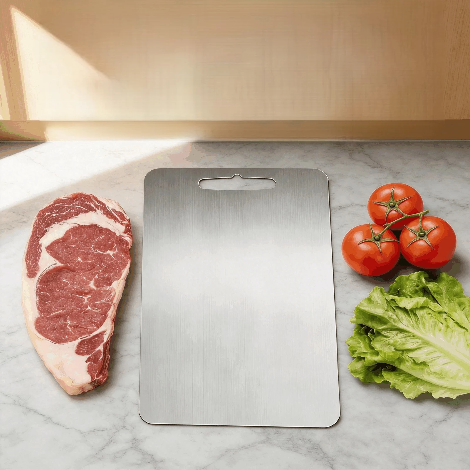 Flat pure titanium cutting board displayed with fresh meat, tomatoes, and lettuce for everyday meal prep.
