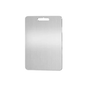 Large flat pure titanium cutting board with brushed surface, rounded corners, and built-in handle.