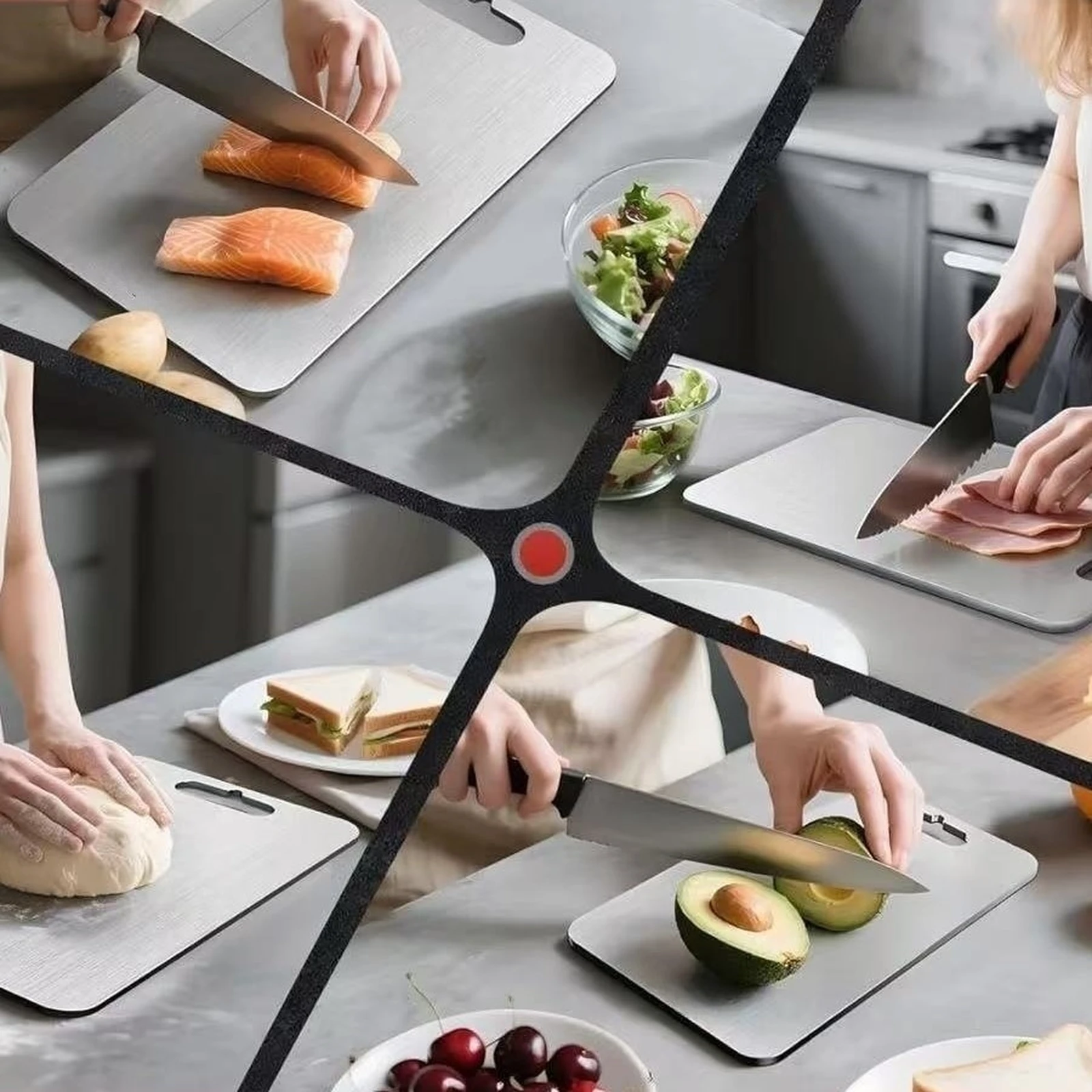 Flat pure titanium cutting boards used for fish, meat, fruit, bread, dough, and everyday food preparation.