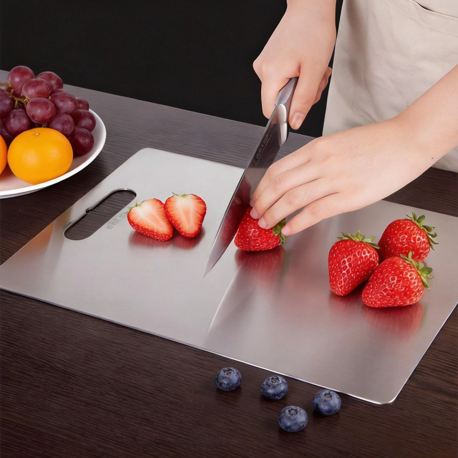 Flat pure titanium cutting board used for slicing fresh strawberries during everyday kitchen prep.