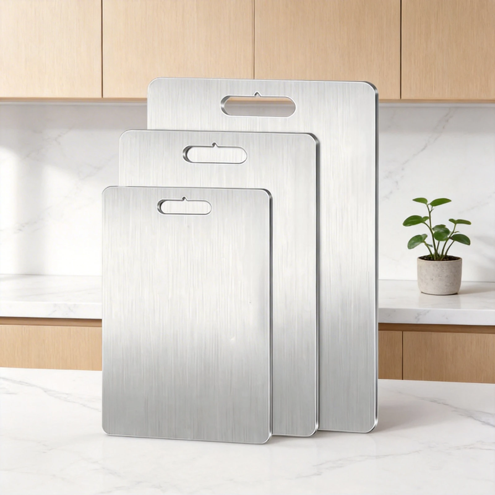 Three sizes of flat pure titanium cutting boards displayed upright in a bright modern kitchen.