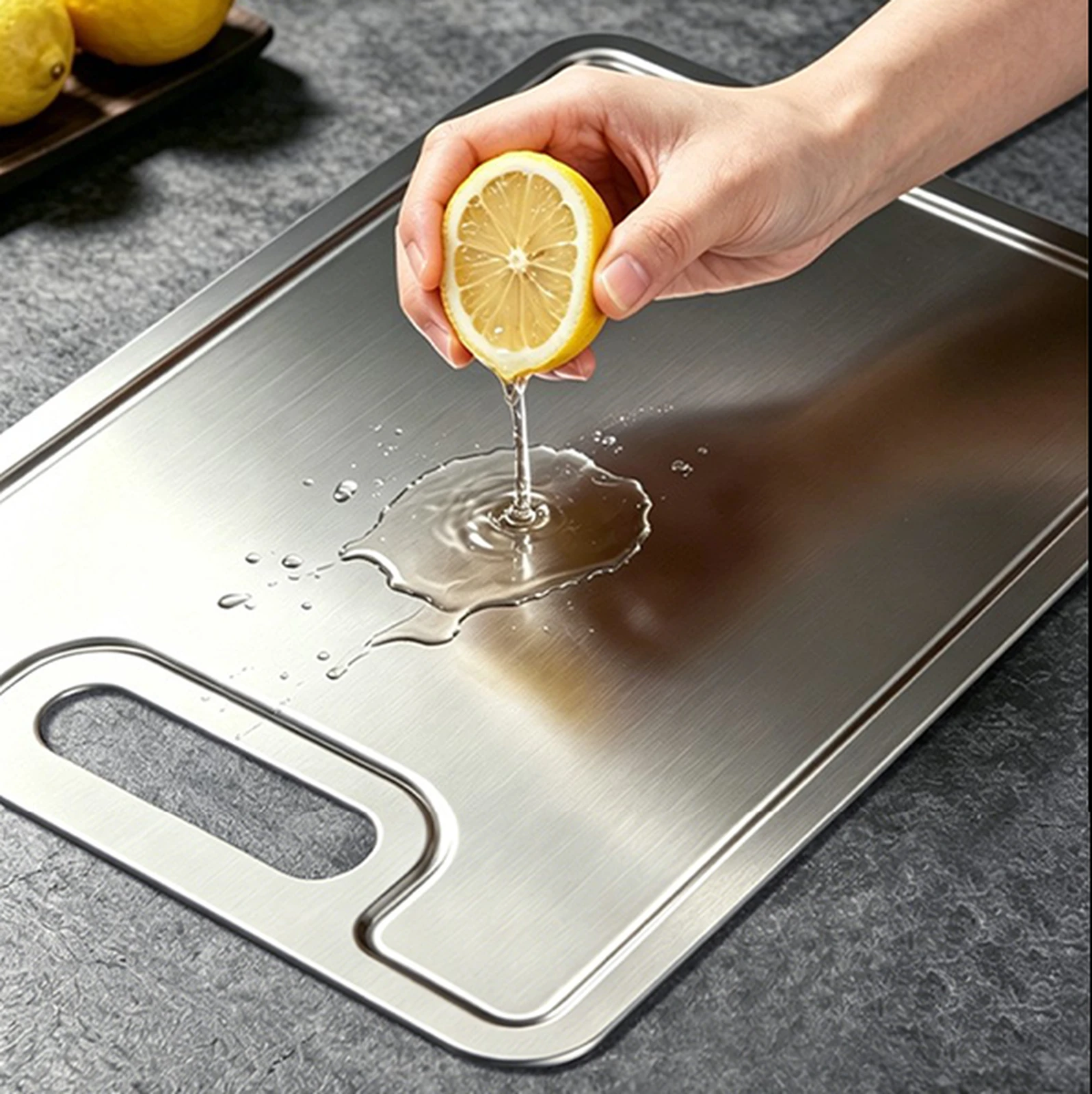 Grooved pure titanium cutting board used for preparing fresh chicken in the kitchen.