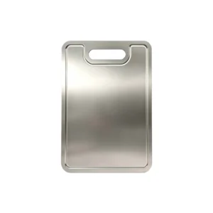 Large grooved pure titanium cutting board with brushed surface, rounded corners, and integrated handle.