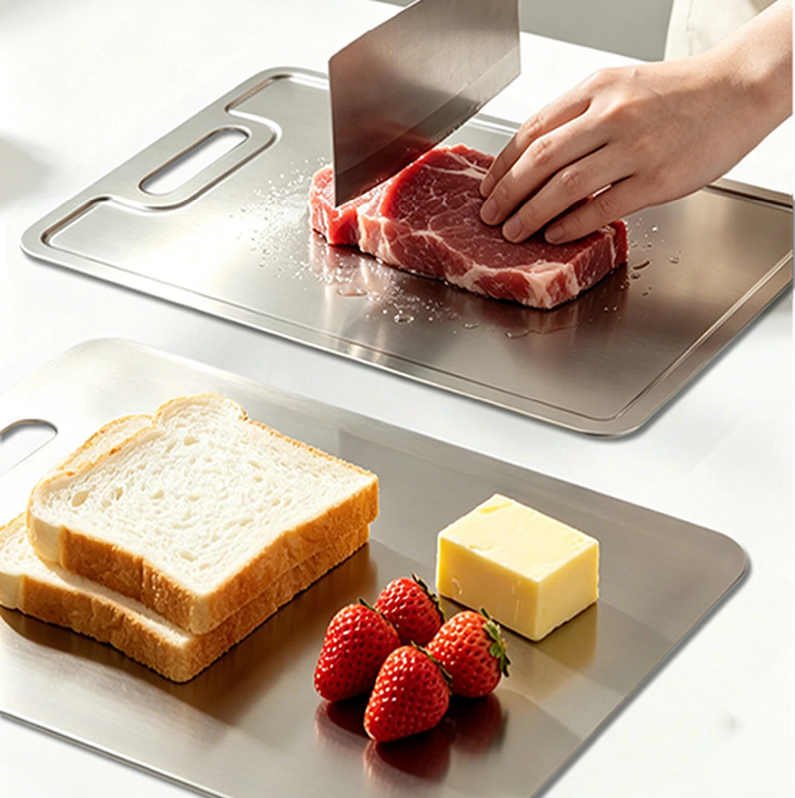 Grooved pure titanium cutting board used for cutting fresh meat during kitchen meal prep.