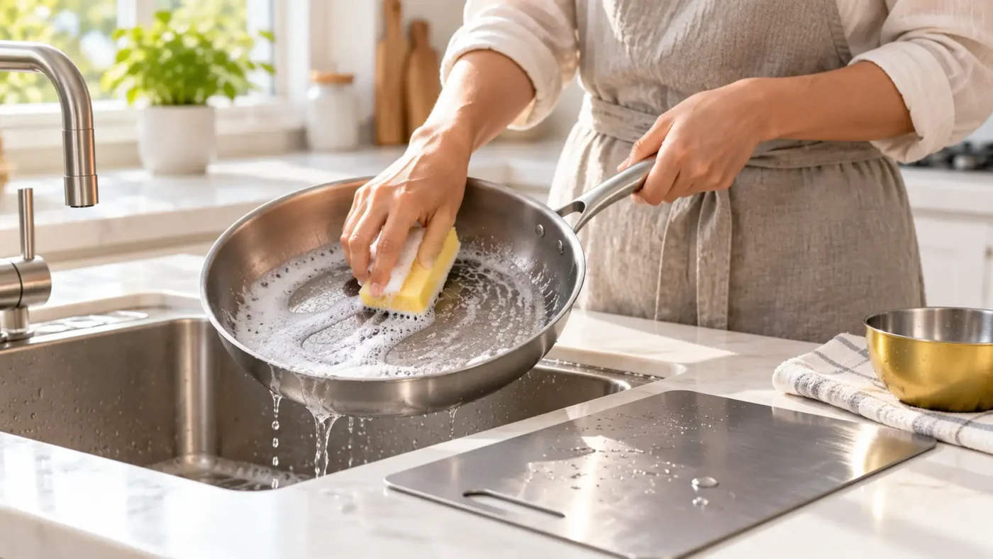 Cleaning pure titanium cookware and cutting board in a bright kitchen