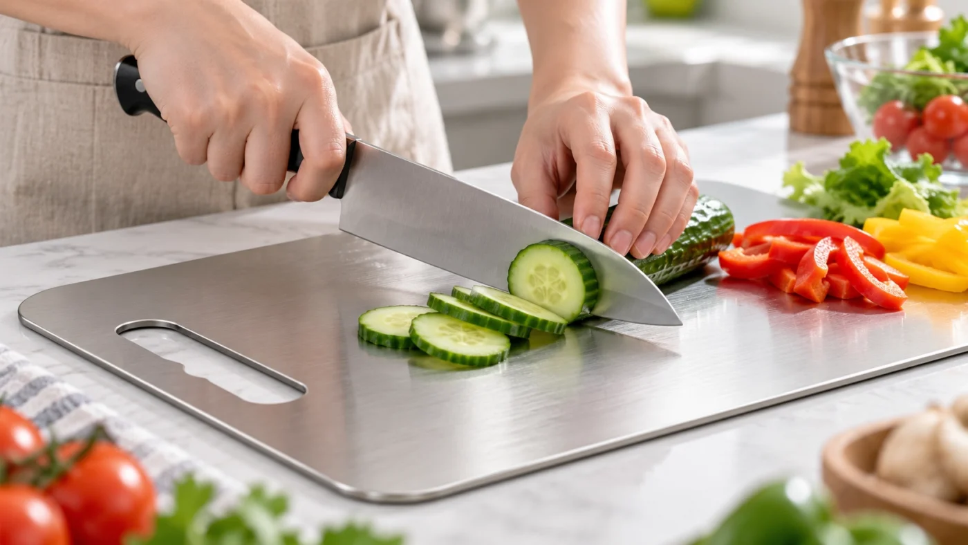 Kitchen knife cutting vegetables on a titanium cutting board