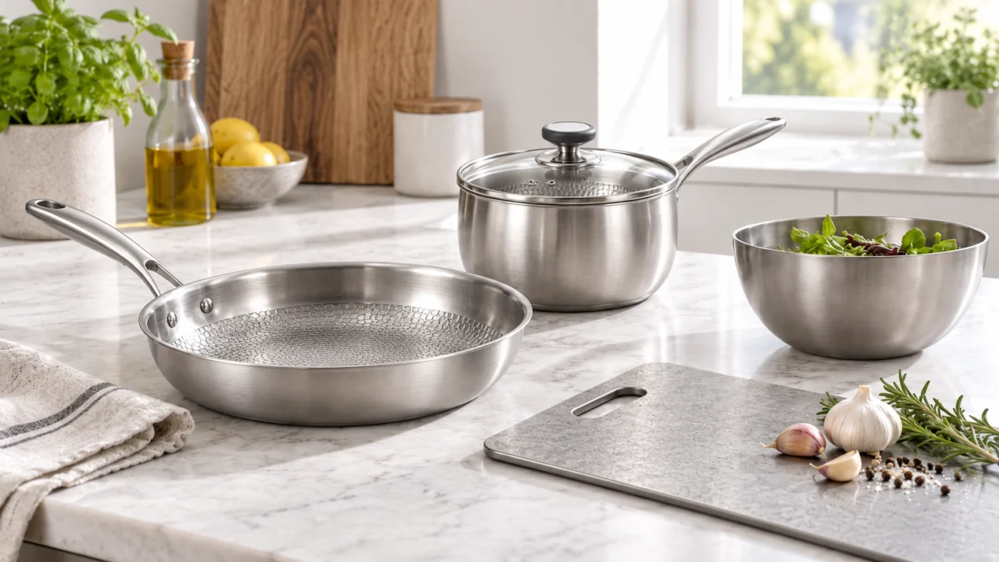 Titanium cookware, frying pan, saucepan, bowl, and cutting board in a bright kitchen