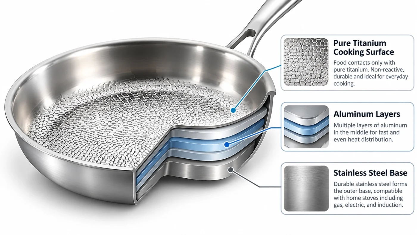 Layered titanium cookware construction with pure titanium cooking surface