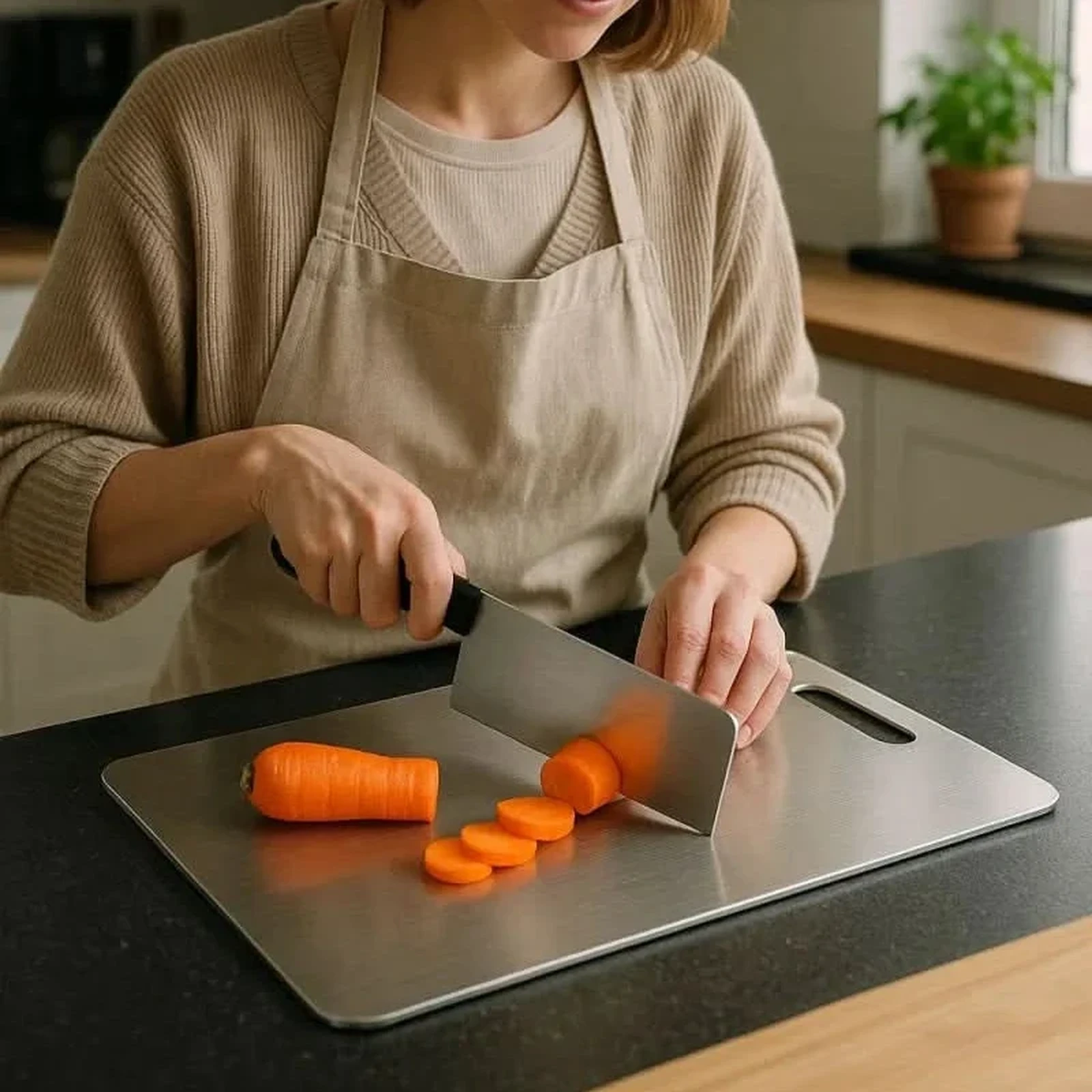 Pure titanium cutting board used for slicing carrots in a home kitchen.