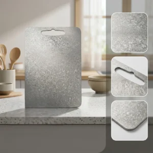 Pure titanium cutting board with close-up views of the textured surface, handle, and rounded edge.