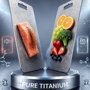 Pure titanium cutting board shown with fish on one side and fruit and vegetables on the other.
