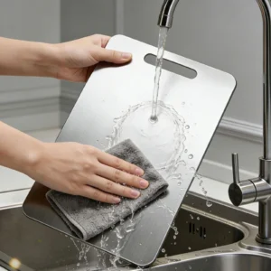 Pure titanium cutting board being rinsed and wiped clean under running water.
