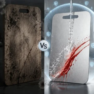 Pure titanium cutting board being rinsed with water beside a worn wooden cutting board.